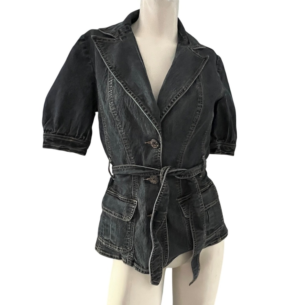 Bisou‎ Bisou Michele & Co Denim Shirt Jacket Belted Short Sleeve Blazer S Edgy